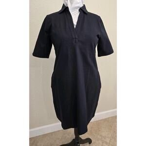 Lands' End Navy Knit Polo Dress M/P 10-12 Cotton Blend Short Sleeve Pockets